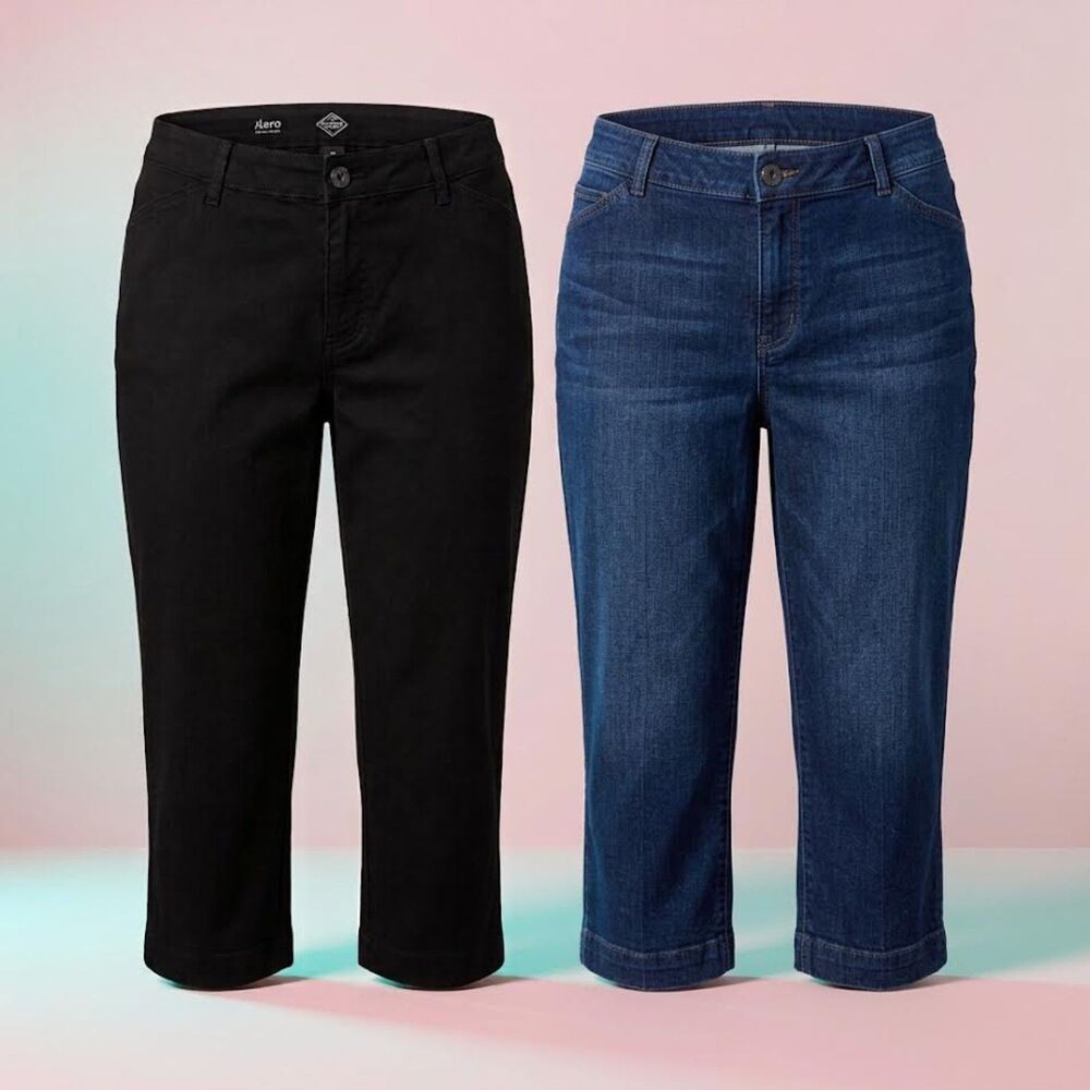 St John Bay Women's 2 Capri Pants Bundle Black-Dark Blue Demin Size 16 XL